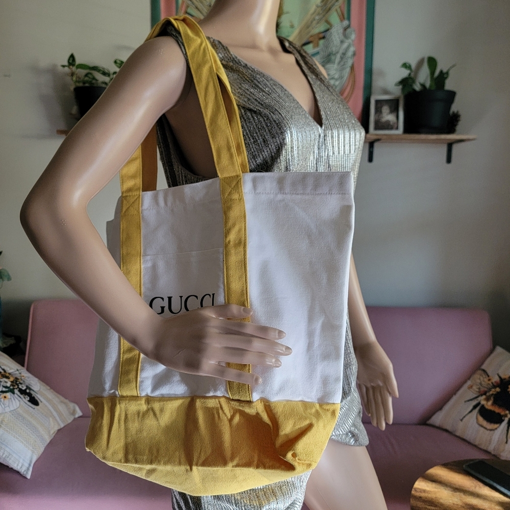 Chic Yellow and White Canvas Tote Shoulder Bag
